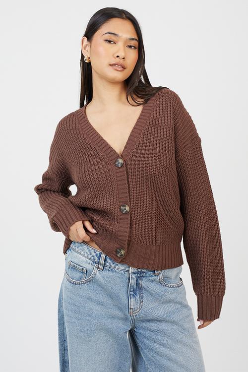 Fisherman Rib Knit CardiWith V-Neck - Brown