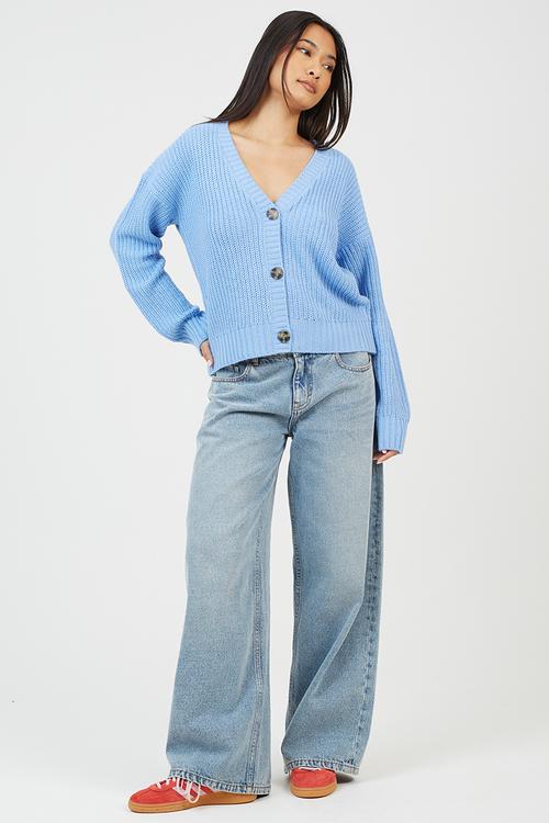 Fisherman Rib Knit CardiWith V-Neck - Blue