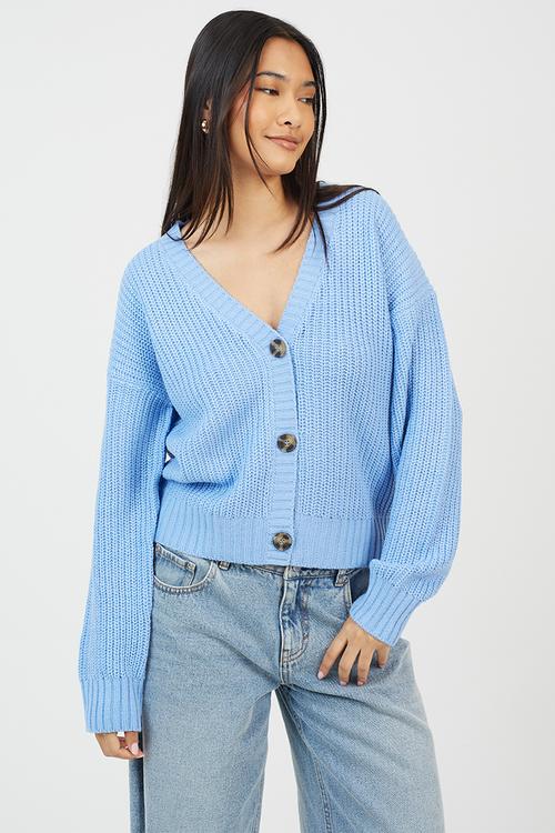 Fisherman Rib Knit CardiWith V-Neck - Blue