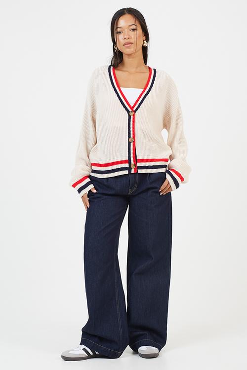 Fisherman Button Through Cardi - Oatmeal/Red/Navy
