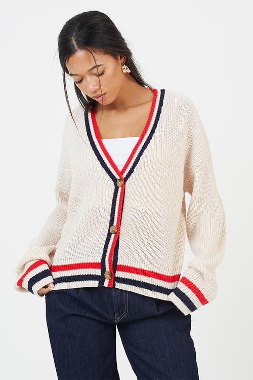 Fisherman Button Through Cardi - Oatmeal/Red/Navy