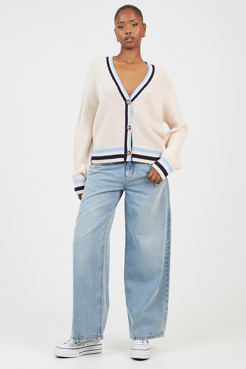 Fisherman Button Through Cardi - Oatmeal/Blue/Navy