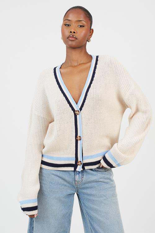 Fisherman Button Through Cardi - Oatmeal/Blue/Navy