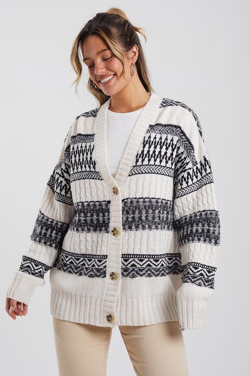 4 Button Cardigan - Oatmeal/Black