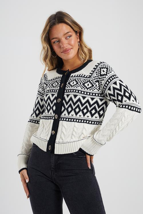 Button Through Fairisle And Cable Mix Cardi - Cream/Black