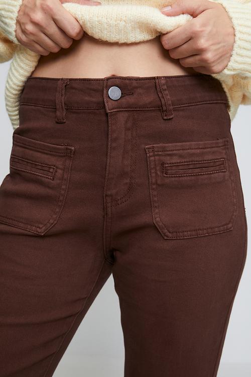 Mid Waist Pat H Pocket Kick Flare Wide Leg - Chocolate