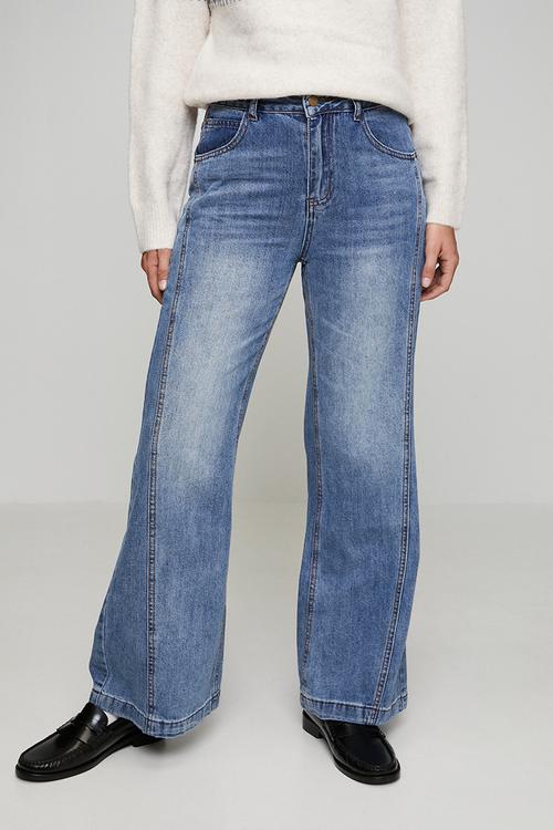 High Waisted Wide Leg Denim Jean With Kick Flare Hem - Mid Denim