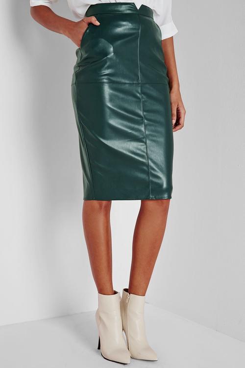 Back Split Faux Leather Midi Skirt