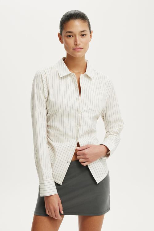 Peyton gathered long sleeve shirt - grey pinstripe