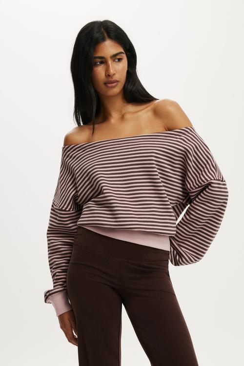 Relaxed Off Shoulder Sweatshirt - cloud blush/dark oak stripe