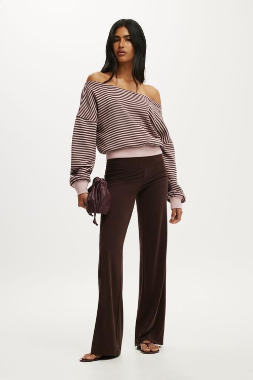 Relaxed Off Shoulder Sweatshirt - cloud blush/dark oak stripe