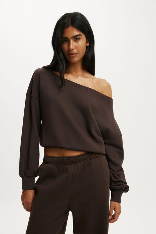 Relaxed Off Shoulder Sweatshirt - Dark Oak