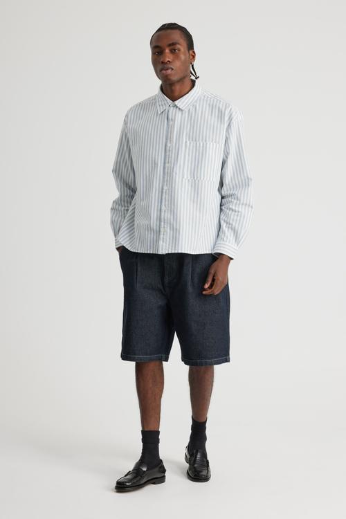 Authentics Boxy Cropped Long Sleeve Shirt - Blue White Pinstripe