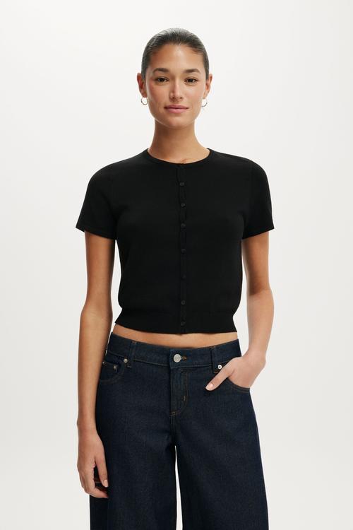 Cap sleeve crew cardi - black