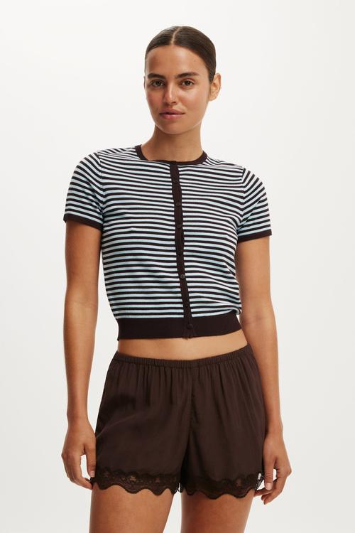 Cap sleeve crew cardi - marine/oak