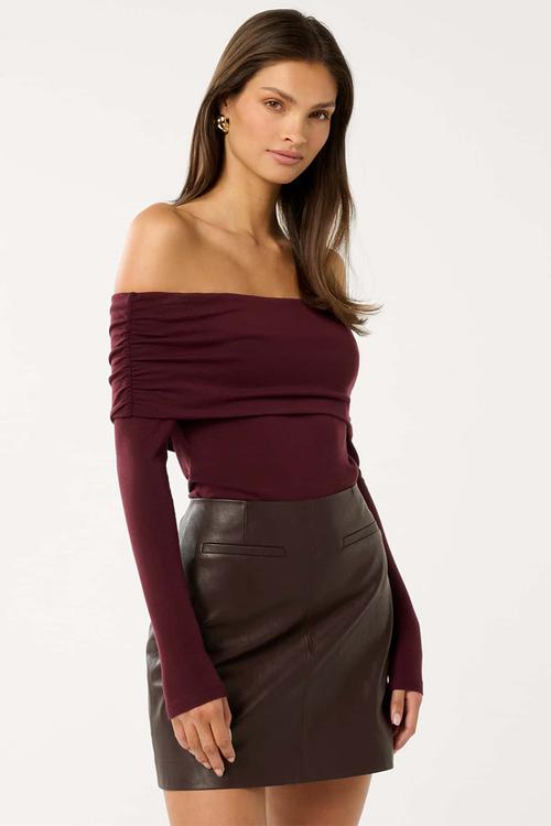 Kyla long sleeve wool blend bardot top in sweet crimson