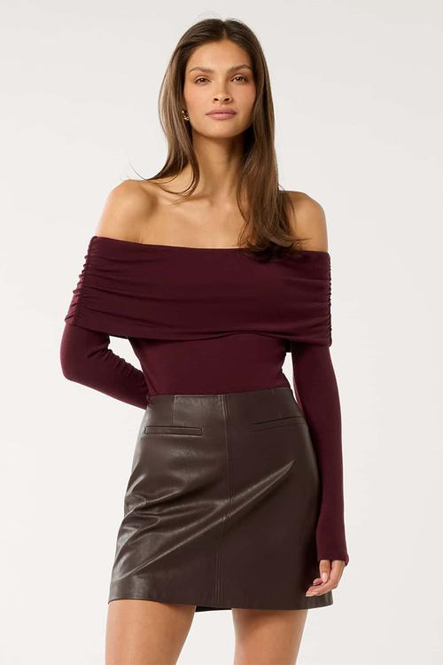 Kyla long sleeve wool blend bardot top in sweet crimson