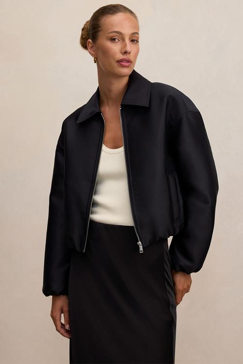 Everly satin bomber jacket in black