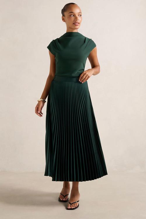 Estelle satin pleated midi skirt in dark green