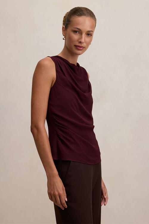 Tiffany draped sleeveless top in aubergine