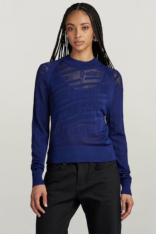 Pointelle text r knit wmn - ballpen blue