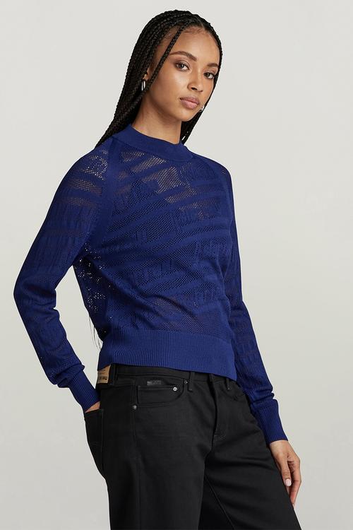 Pointelle text r knit wmn - ballpen blue