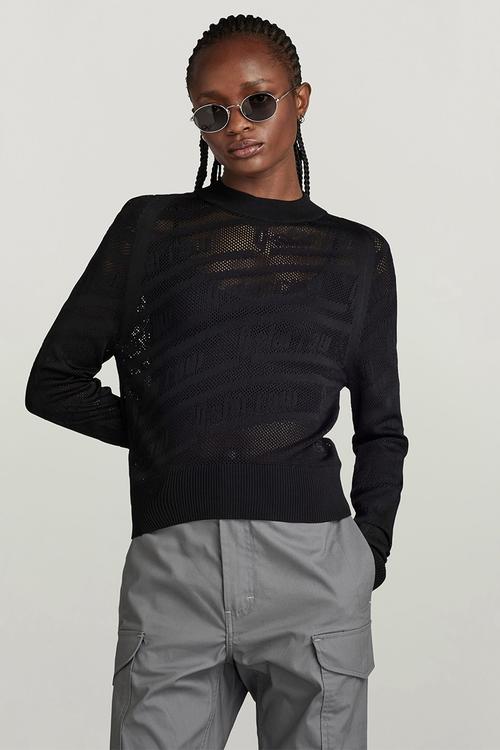 Pointelle text r knit wmn - dk black
