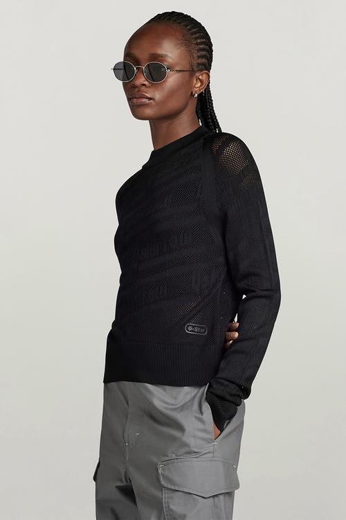 Pointelle text r knit wmn - dk black