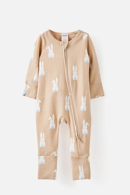 The Long Sleeve Zip Romper - Latte Cream/Bunny Tails