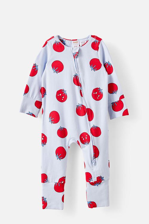 The Long Sleeve Zip Romper - Ice Blue/Tomato Smile