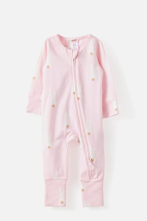 The Long Sleeve Zip Romper - Tea Party Pink/Bunny Tails