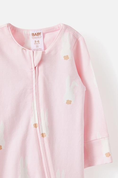 The Long Sleeve Zip Romper - Tea Party Pink/Bunny Tails