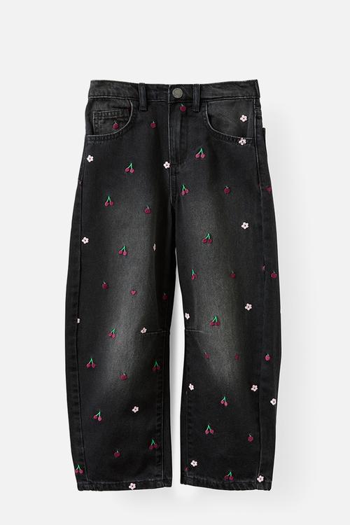 Unisex Barrel Leg Denim Jean - Balmoral Black/Embroidered Shapes