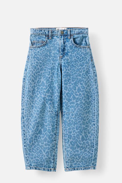Unisex Barrel Leg Denim Jean - Blue Haven Mid Blue/Leopard