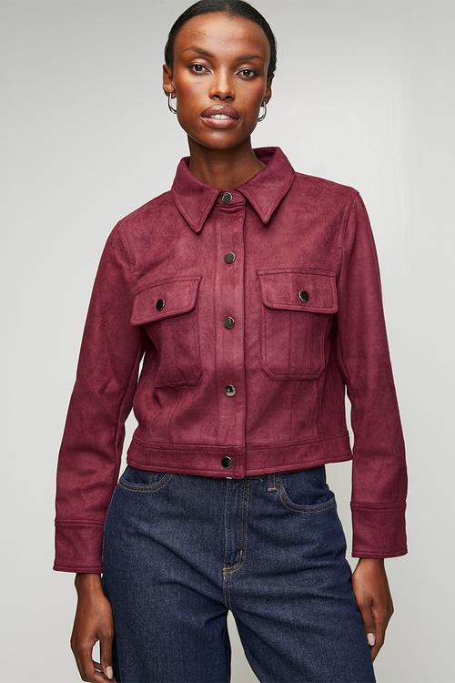 Collared Button Through Slight Crop Faux Suede Jacket - Purple