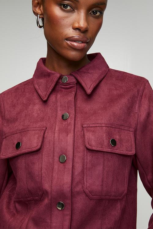 Collared Button Through Slight Crop Faux Suede Jacket - Purple