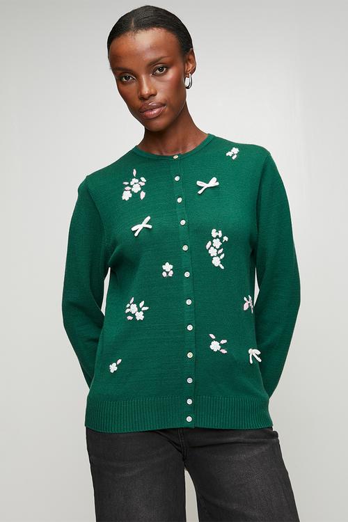 Lightweight Cardigan with Embroidered Flower - Green