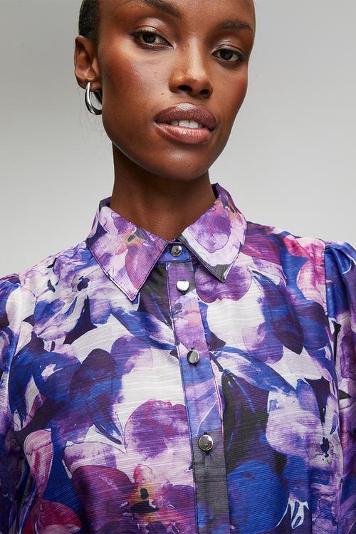 Floral Tie Waist Mini Shirt Dress - Multi