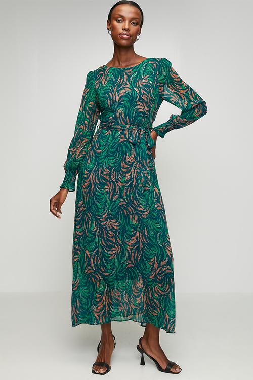Long sleeve Sheer Printed Maxi Dress - Teal