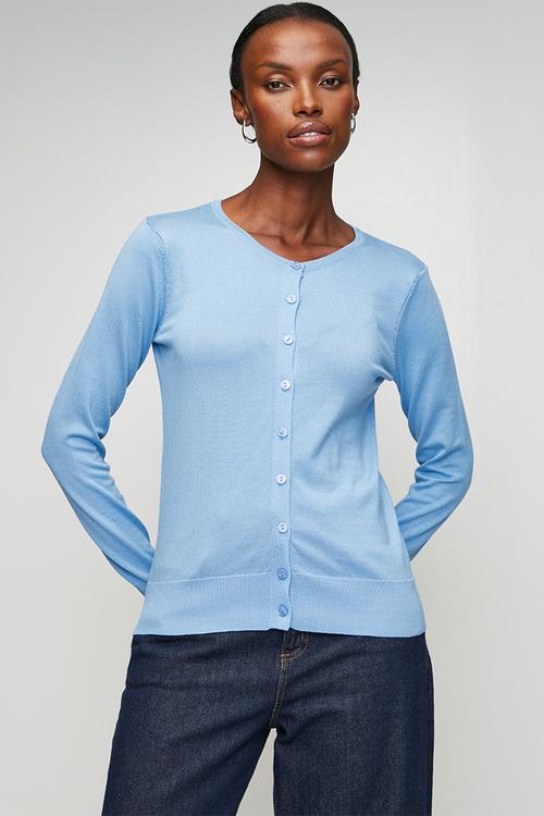 Long sleeve Crew Neck Button Through Cardi - Blue