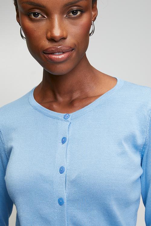 Long sleeve Crew Neck Button Through Cardi - Blue