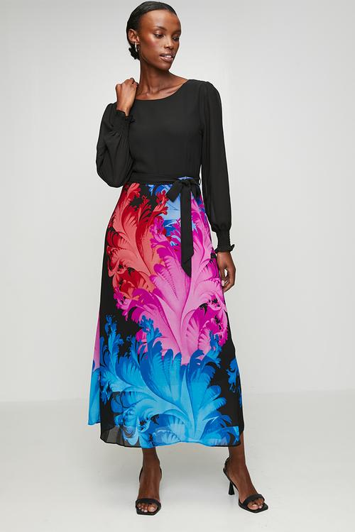 Combination Dress Knit Top And Printed Woven Skirt - Multi