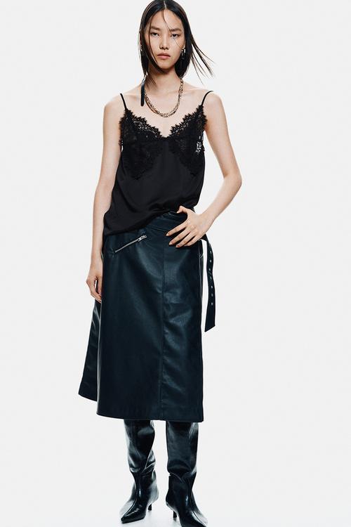 Lace-detail strappy top - black