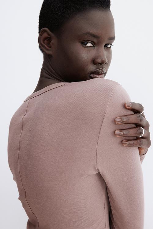Long-sleeved jersey top - dusty brown