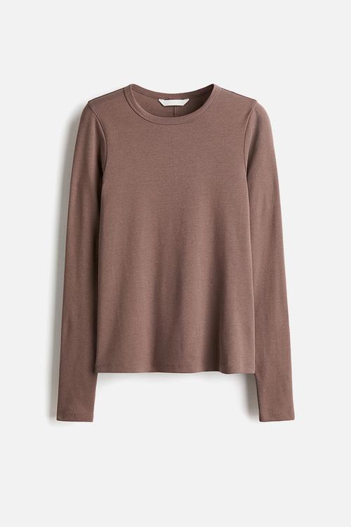 Long-sleeved jersey top - dusty brown