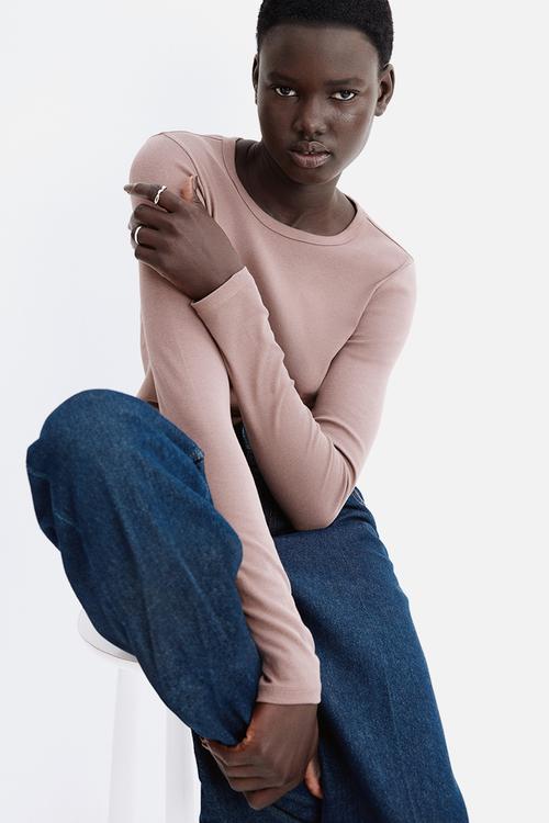 Long-sleeved jersey top - dusty brown
