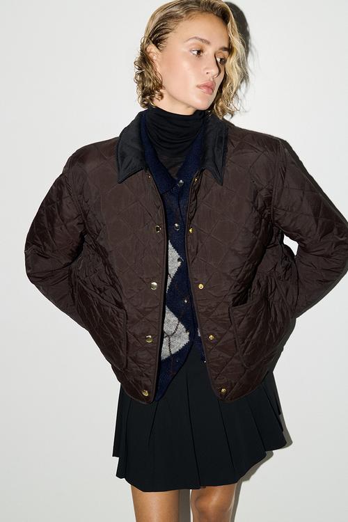 Quilted corduroy-collar jacket - dark brown