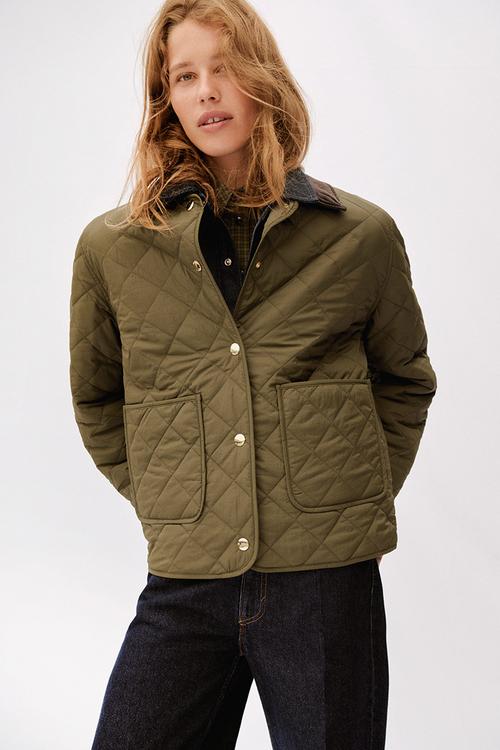Quilted corduroy-collar jacket - khaki green