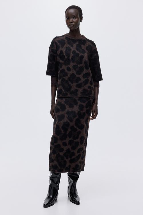 Boxy jacquard-knit jumper - dark brown/leopard print 