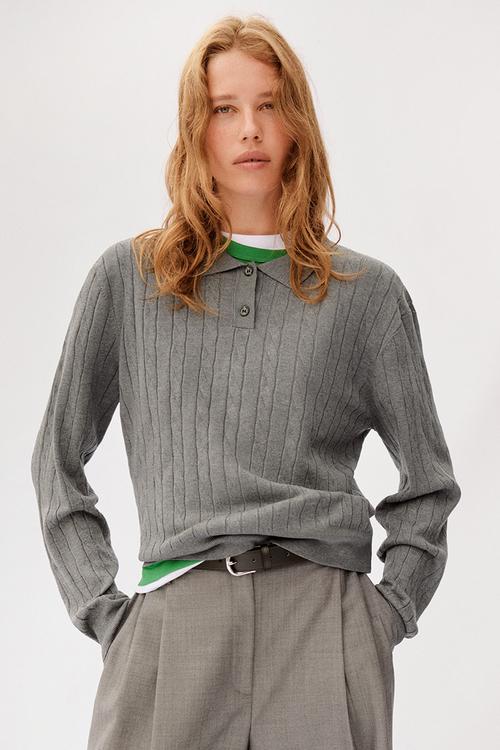 Cable-knit polo shirt - grey marl